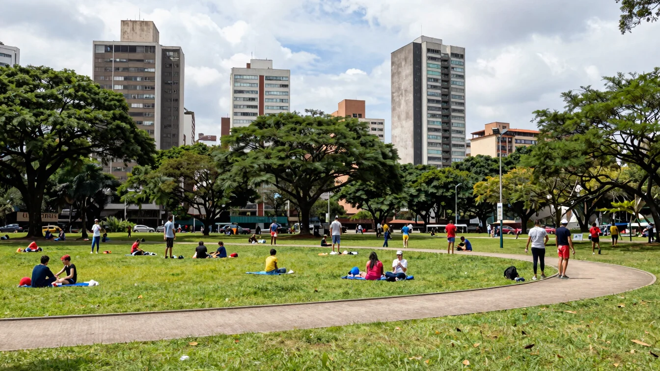 Panoramic view of a vibrant park in Mauá, Brazil, with families e