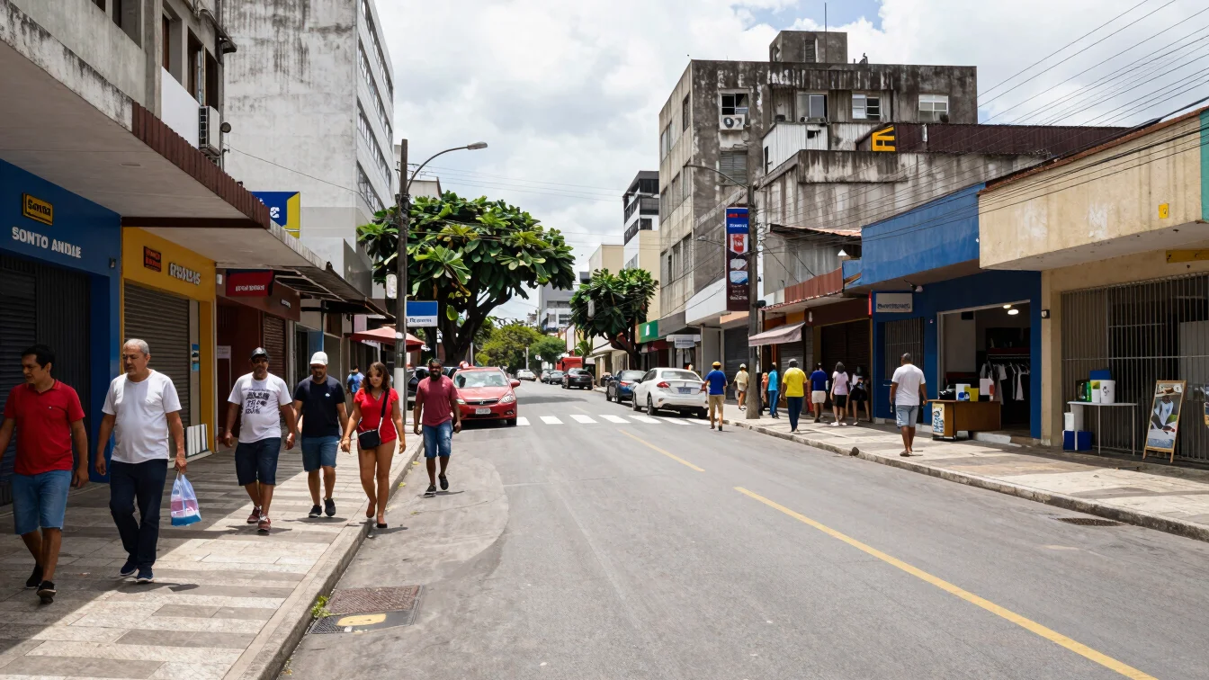 Wide-angle urban street scene in Santo André, Brazil, with people